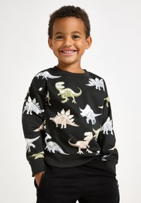 Svart sweatshirt med färgglada dinosaurieillustrationer i ljusgrön, grå och beige. Ribbad mudd vid ärmar och halsringning. Maskintvättbart material.