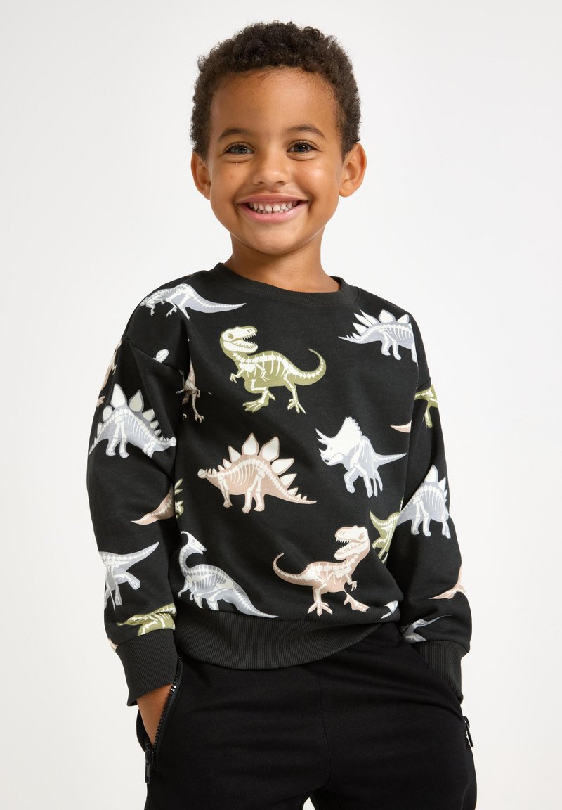 Svart sweatshirt med färgglada dinosaurieillustrationer i ljusgrön, grå och beige. Ribbad mudd vid ärmar och halsringning. Maskintvättbart material.