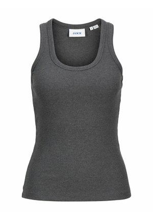 Grå ribstrikket tanktop med rund halsudskæring, tætsiddende pasform og blød tekstur. Har et mærke med brandnavn og størrelsesmærkat.