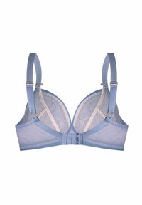 Jasnoniebieski biustonosz z przezroczystymi koronkowymi panelami i solidnymi akcentami. Regulowane ramiączka i zapięcie na hak z tyłu. Gładka tekstura i konturowany kształt.