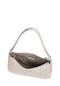 Crocodile-embossed cream leather handbag with a single handle and zip closure. Lined interior features subtle logo pattern.