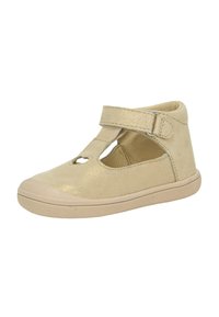 Beige suède Mary Jane-schoen met een klittenbandsluiting, uitgesneden ontwerp en een rubberen zool met een gestructureerde grip. Klassieke rondneuzenvorm.