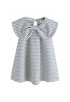 Weißes und marineblau gestreiftes Baby-Kleid mit großer Schleife vorne und Flatterärmeln.