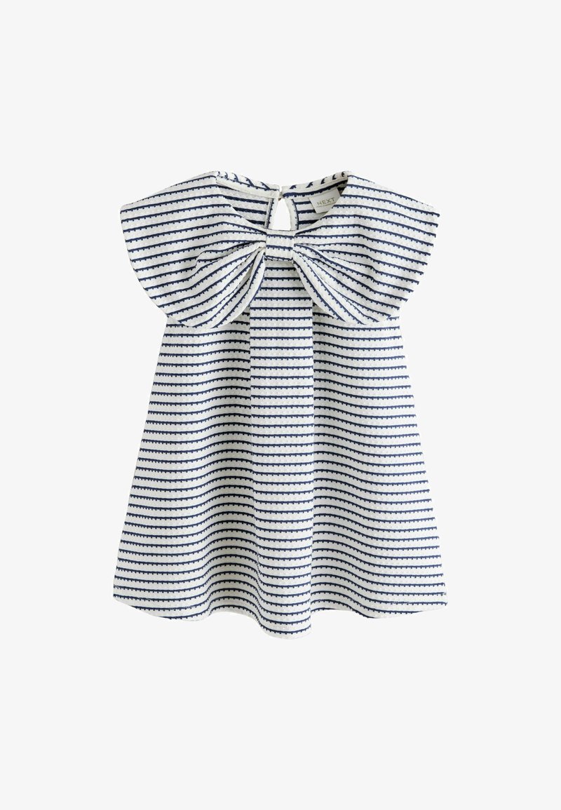 Robe pour bébé blanche avec rayures bleu marine, grand nœud sur le devant et manches volantées.