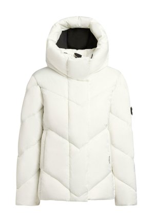 Weißer Pufferjacke mit hohem Kragen, Chevron-Steppung und elastischen Bündchen. Das Material wirkt glatt mit einem glänzenden Finish.