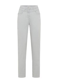 Pantalons en coton gris clair à coupe droite, avec fermeture à bouton, passants de ceinture et poches avant. Texture lisse, design minimaliste.