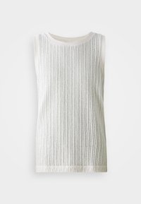 Hvitt ermeløst tanktop med vertikale sølvstriper, rund hals og myk tekstur. Kantefinnene gir en pen finish.