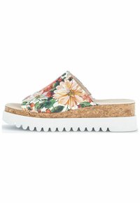 Kwiatowe klapki na płaskiej białej gumowej podeszwie, z korkową wkładką i wyściółką. Wyróżniają się kolorowymi wzorami kwiatowymi na tkaninie górnej.