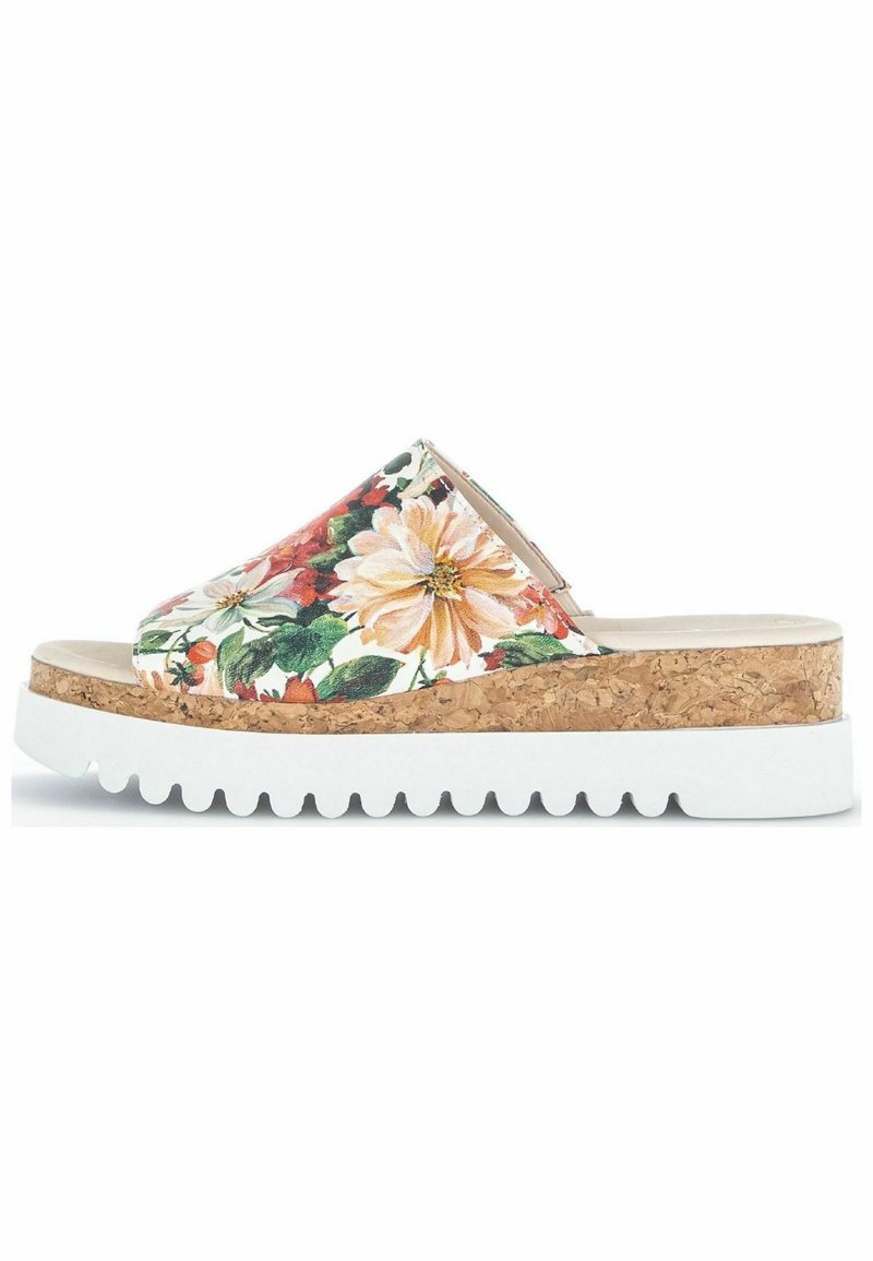 Kwiatowe klapki na płaskiej białej gumowej podeszwie, z korkową wkładką i wyściółką. Wyróżniają się kolorowymi wzorami kwiatowymi na tkaninie górnej.