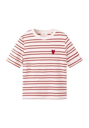Tricou alb cu mâneci scurte, cu dungi orizontale roșii și un mic emblemă roșie în formă de inimă pe partea stângă a pieptului. Țesătură moale din bumbac.