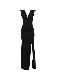 Μαύρο βραδινό φόρεμα με κοντά μανίκια τύπου καπάκι, βαθιά λαιμόκοψη σε σχήμα V, εφαρμοστό μπούστο και σκίσιμο στο πλάι. Κατασκευασμένο από λείο, ελαστικό ύφασμα.