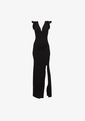 Svart aftenkjole med kappe-ermer, dyp V-utringning, tettsittende overdel og sidespalte. Laget av glatt, elastisk stoff.