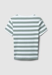 T-shirt a maniche corte a righe, bianco e verde, realizzato in cotone. Presenta un collo rotondo e righe orizzontali di spessore variabile.