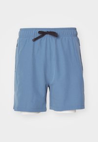 Shorts de bain bleus en tissu léger, dotés d'une taille élastique avec un cordon de serrage marron et de poches latérales.