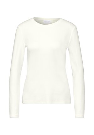 Weißes Langarmshirt aus glattem Stoff mit Rundhalsausschnitt und figurbetonter Passform. Keine sichtbaren Muster oder Hardware-Details.