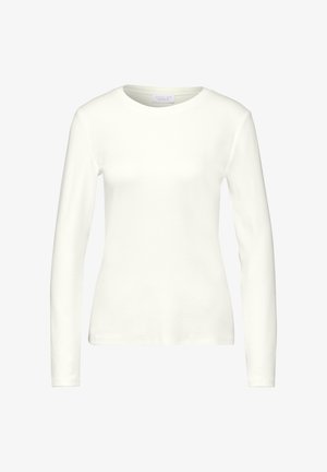 Weißes Langarmshirt aus glattem Stoff mit Rundhalsausschnitt und figurbetonter Passform. Keine sichtbaren Muster oder Hardware-Details.