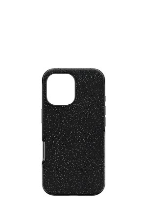 Coque de téléphone noire avec une surface texturée et scintillante. Comprend une découpe précise pour la caméra et les boutons sur le côté. Design élégant.
