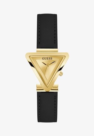 Goldfarbige, dreieckige Uhrenoberfläche mit minimalistischem Design, schwarzem Lederarmband und strukturiertem Finish. Verfügt über ein einfaches Ziffernblatt und ein Logo.