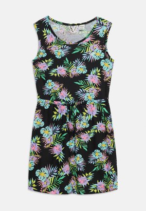 Robe noire sans manches avec imprimé floral tropical pastel rose, bleu et vert, et détail de taille froncée.