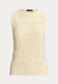 Krämfärgad ärmlös stickad topp med intrikata geometriska och spetsliknande mönster samt ribbad nederkant, märkt Lauren Ralph Lauren.