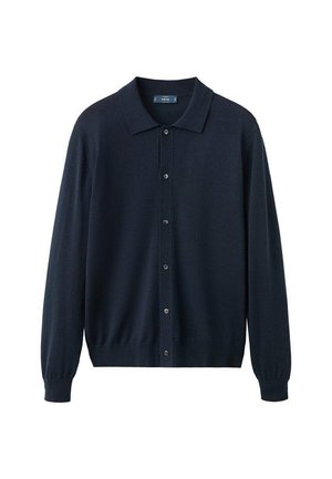 Cardigan blu navy scuro in tessuto lavorato a maglia, con scollo a collare, chiusura frontale con bottoni, maniche lunghe e polsini e orlo a coste.