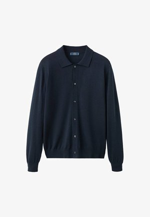 Cardigan blu navy scuro in tessuto lavorato a maglia, con scollo a collare, chiusura frontale con bottoni, maniche lunghe e polsini e orlo a coste.