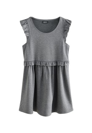 Robe en coton grise avec des accents de volants sur les épaules, un corsage ajusté et une jupe évasée. Design simple et décontracté avec une texture douce.