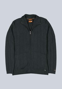 Dunkelgrauer, gestrickter Reißverschluss-Kardigan mit Zickzackmuster, gerippten Bündchen und Saum sowie zwei seitlichen Taschen. Besitzt einen hohen Kragen und einen markierten Reißverschluss.