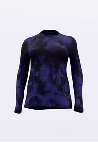 Dolgo rokav športne majice v temno modri barvi z vzorcem tie-dye, narejene iz raztegljivega blaga, z okroglim izrezom in oprijetim krojem.