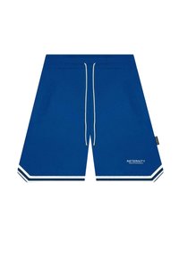 Bermudas deportivas azules con acentos blancos, cinturilla elástica, cordón de ajuste, dos bolsillos laterales y logo en el lado izquierdo frontal.