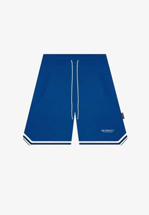 Kék sportos rövidnadrág fehér díszítéssel, elasztikus derékrésszel, zsinórral, két oldalsó zsebből és logóval az elülső bal oldalon.