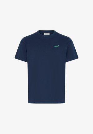 Navy blue short-sleeve T-shirt with small green and white logo on left chest and round neckline.