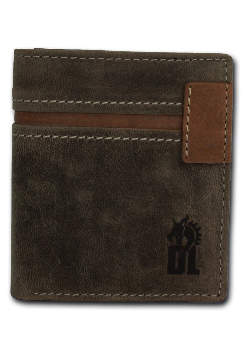 Brown leather wallet with a textured finish, featuring a contrasting brown accent band, white stitching, and a small embossed logo.
