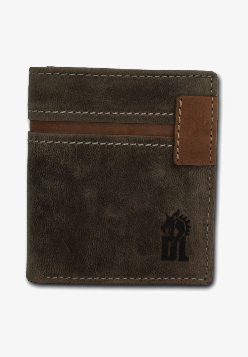 Brown leather wallet with a textured finish, featuring a contrasting brown accent band, white stitching, and a small embossed logo.