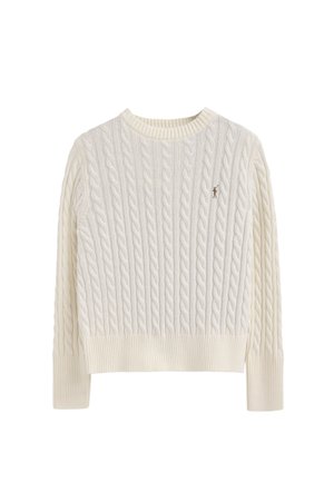 Cream-colored cable knit sweater with long sleeves, ribbed cuffs and hem, and small embroidered logo on the chest.