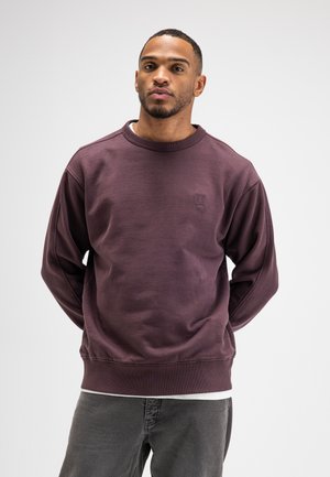 Man with short hair and beard wears a dark purple sweatshirt and gray pants, standing with hands behind his back against a white background.