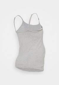 Top a canotta grigia a costine con sottili spalline regolabili, silhouette aderente e orlo leggermente arrotondato. Realizzato in tessuto morbido e leggero.