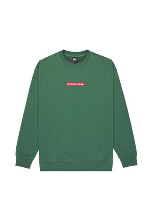 Felpa verde a maniche lunghe con scollo rotondo e logo rosso "Quiksilver" al centro del petto.