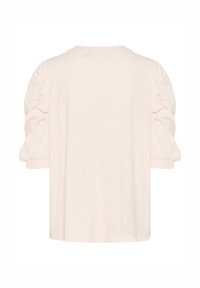 Top corto a maniche corte di colore rosa chiaro con maniche a palloncino e dettagli arricciati, dal collo rotondo, realizzato in un tessuto morbido e texturizzato.