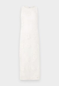 Bela obleka brez rokavov z cvetličnim vezenjem, ravno silhueto in teksturirano tkanino. Minimalistična zasnova brez vidnih zapirk.