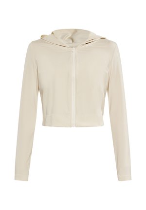 Hanorac tăiat, cu mânecă lungă, de culoare bej deschis, realizat dintr-un material neted, cu închidere prin fermoar și un buzunar frontal, având o glugă relaxată.