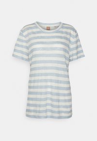 Raidallinen lyhythihainen t-paita vaaleansinisessä ja valkoisessa. Ominaisuuksina pyöreä pääntie ja rento malli, jossa on teksturoitu kangas.