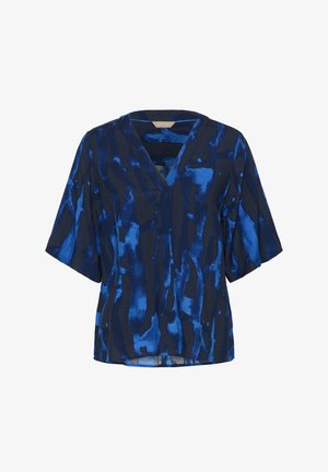 Blauwe en marineblauwe gebloemde blouse met een V-hals, korte mouwen en een losse pasvorm. Heeft een textuurstof met abstracte designelementen.