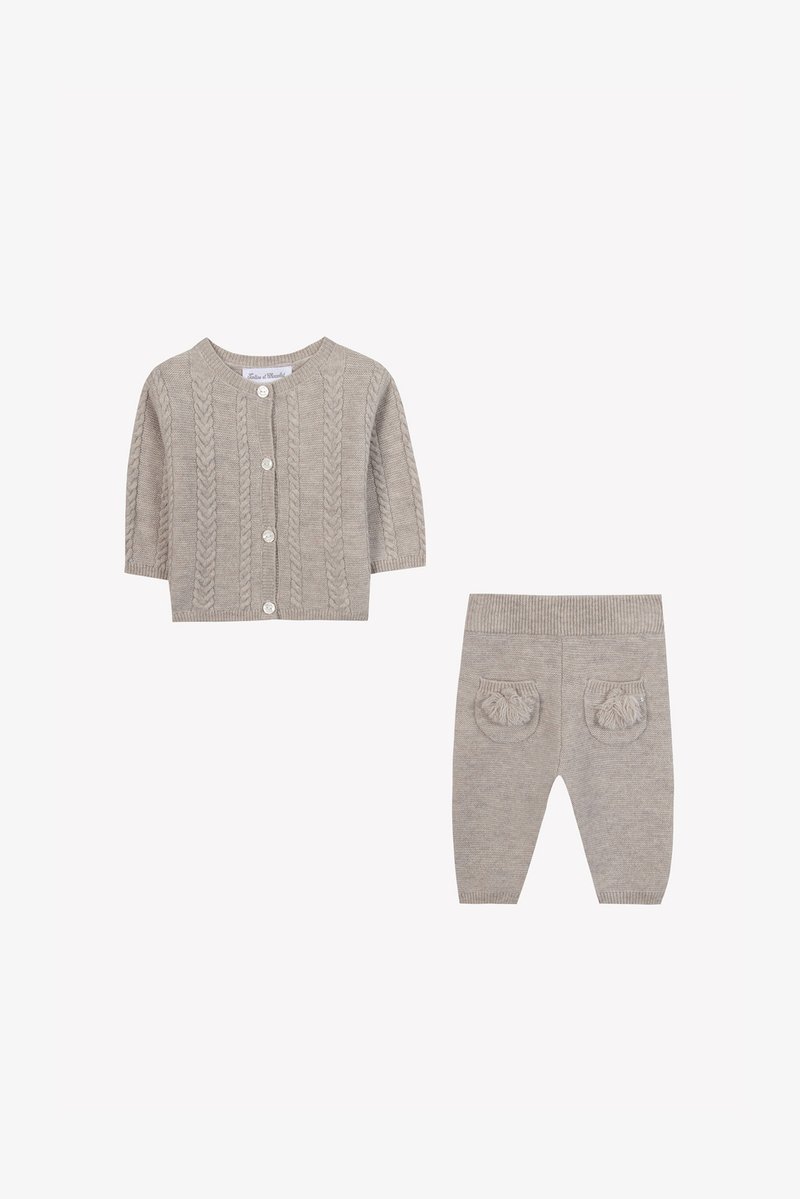 Two-piece knit outfit in light gray. Cardigan features cable knit design and button closure; pants have textured pockets with decorative accents.