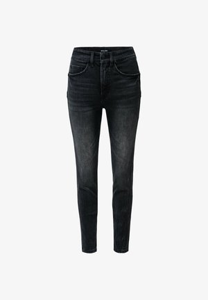 Jeans de mezclilla negra de tiro alto y ajuste skinny. Cuenta con cinco bolsillos y un ligero desvanecimiento a lo largo de los muslos y la cinturilla.