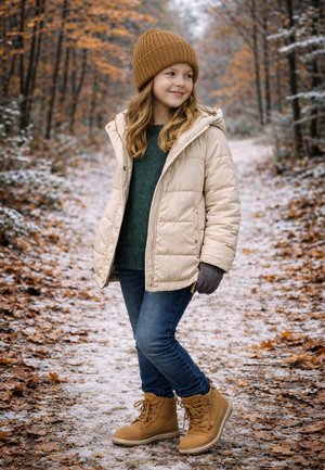 Beige puffy jacket with a hood, green sweater, blue jeans, gray gloves, and tan boots, set against a snowy autumn forest path.