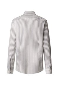 Langarmhemd mit weißen und hellgrauen vertikalen Streifen, von hinten gezeigt, mit geknöpften Manschetten.