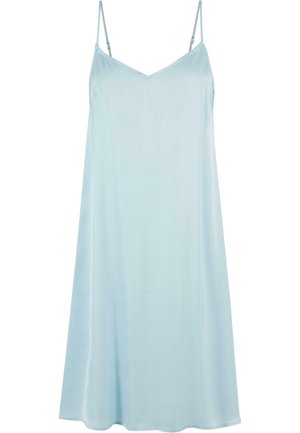 Heledsinine õhuke libisev kleit, millel on peened reguleeritavad rihmad, V-kujuline dekoltee ja voolav siluett, mis on valmistatud pehmest ja kergest kangast.