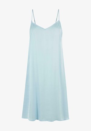 Heledsinine õhuke libisev kleit, millel on peened reguleeritavad rihmad, V-kujuline dekoltee ja voolav siluett, mis on valmistatud pehmest ja kergest kangast.