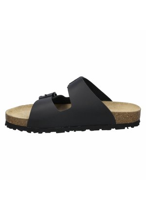 Sandal en slide noire avec une tige en caoutchouc, une semelle en liège et une semelle extérieure en caoutchouc texturé, agrémentée d'un simple détail de boucle.